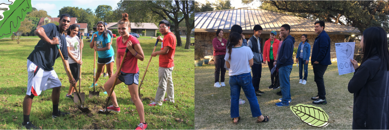 Banner of 2 photos of kids; photo the the left shows teens planting a tree; photo on the right shows kids playing a game outside. 