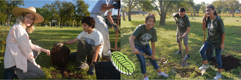 Banner featuring 2 photos of diverse groups of people planting trees.