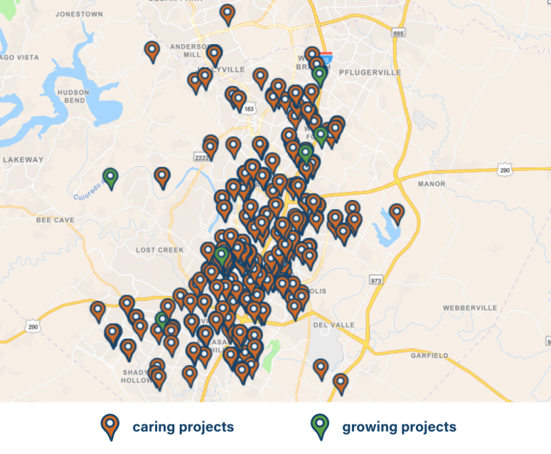 Austin map with orange markers showing caring projects and green markers showing growing projects