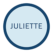 Light blue circle with the name Juliette in darker blue lettering