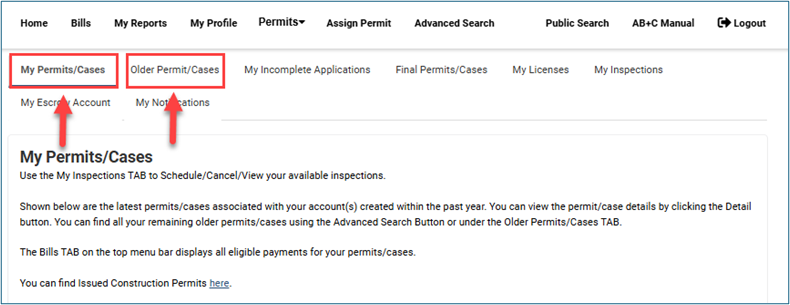 screenshot of location of my permits/cases and older permit/cases tabs