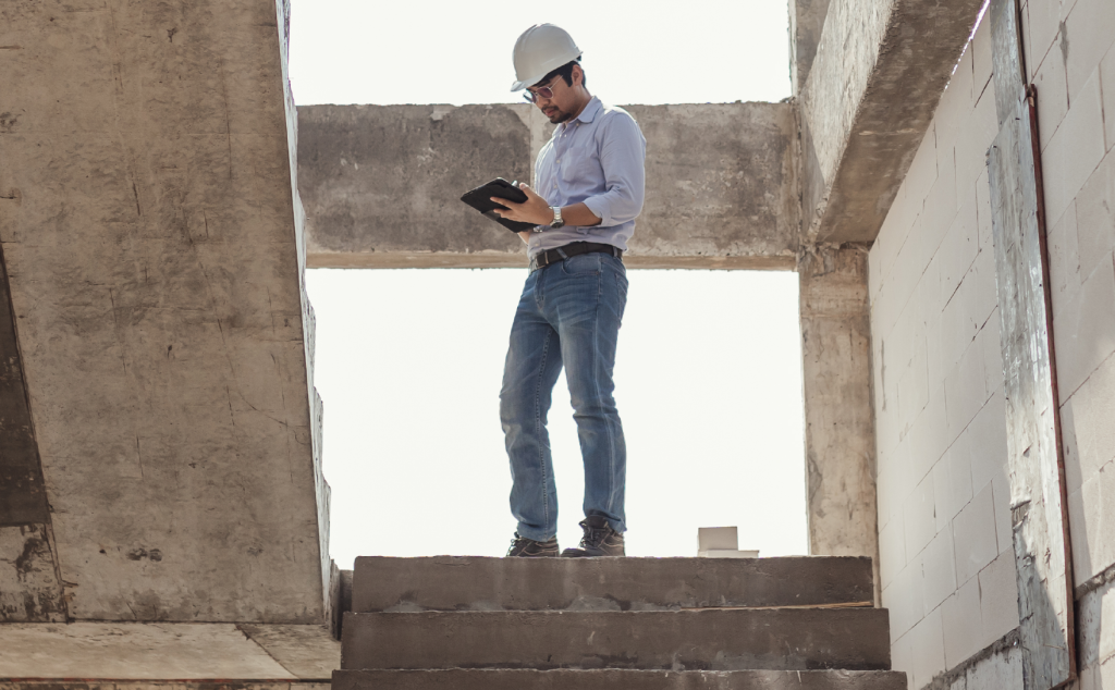 man looking wearing a hardhat standing in a concrete stairwell at a construction site