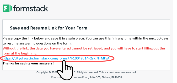 save and resume link for your form