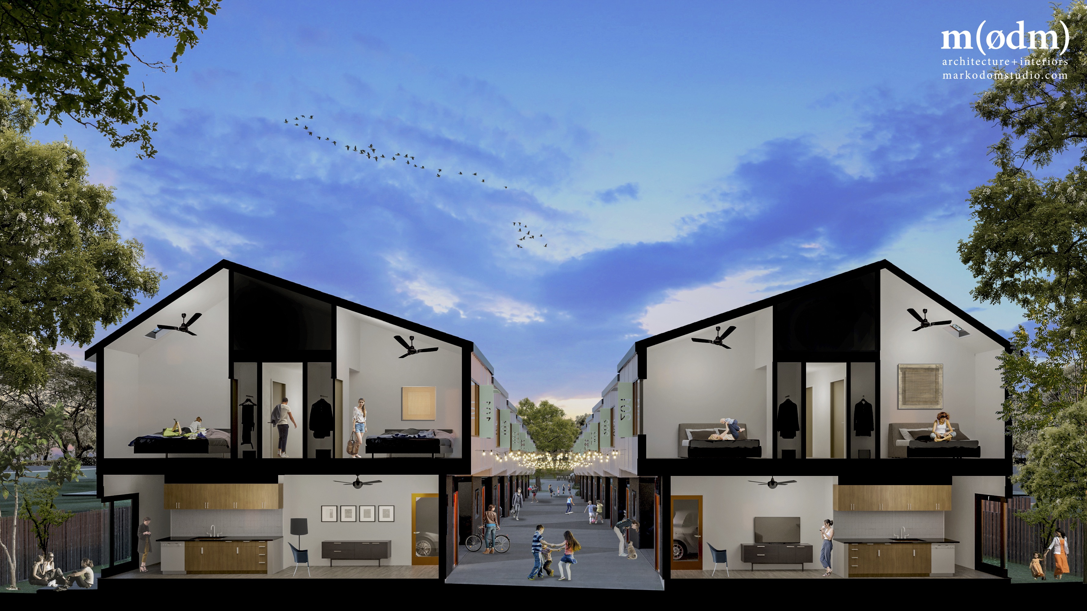 Rendering shows a cutaway view of two sections of 2-story townhomes with an alley in the between. The alley is filled with residents walking, riding a bicycle or playing. The cutaway views show a kitchen and living room downstairs and three bedrooms upstairs with a vaulted ceiling for extra spaciousness.