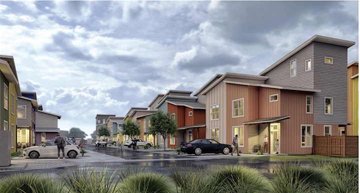 Rendering of Johnny Limon Village, a modern affordable housing community featuring colorful, two-story townhomes in shades of red, orange, yellow, and gray. The scene shows a clean, tree-lined street with parked cars, residents walking, and a partly cloudy sky overhead, evoking a welcoming and vibrant neighborhood atmosphere.