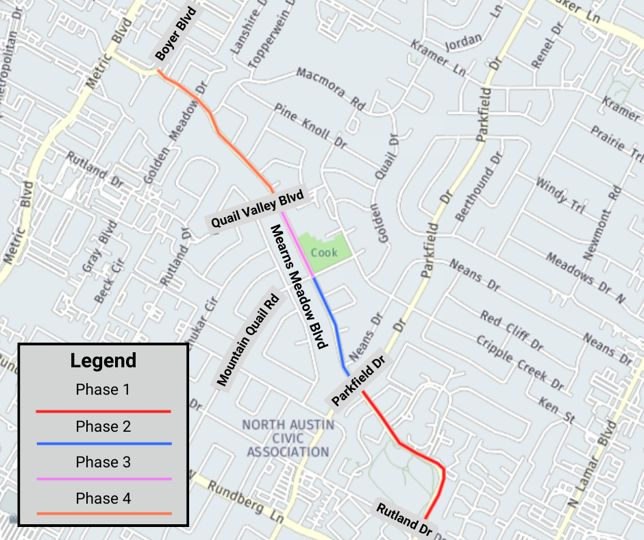 Phases of construction on Mearns Meadow Blvd. Phase 1 is from Rutland Dr to Parkfield Dr. Phase 2 is from Parkfield Dr to Mountain Quail Dr. Phase 3 is from Mountain Quail Rd to Quail Valley Blvd. Phase 4 is from Quail Valley Blvd to Boyer Blvd.