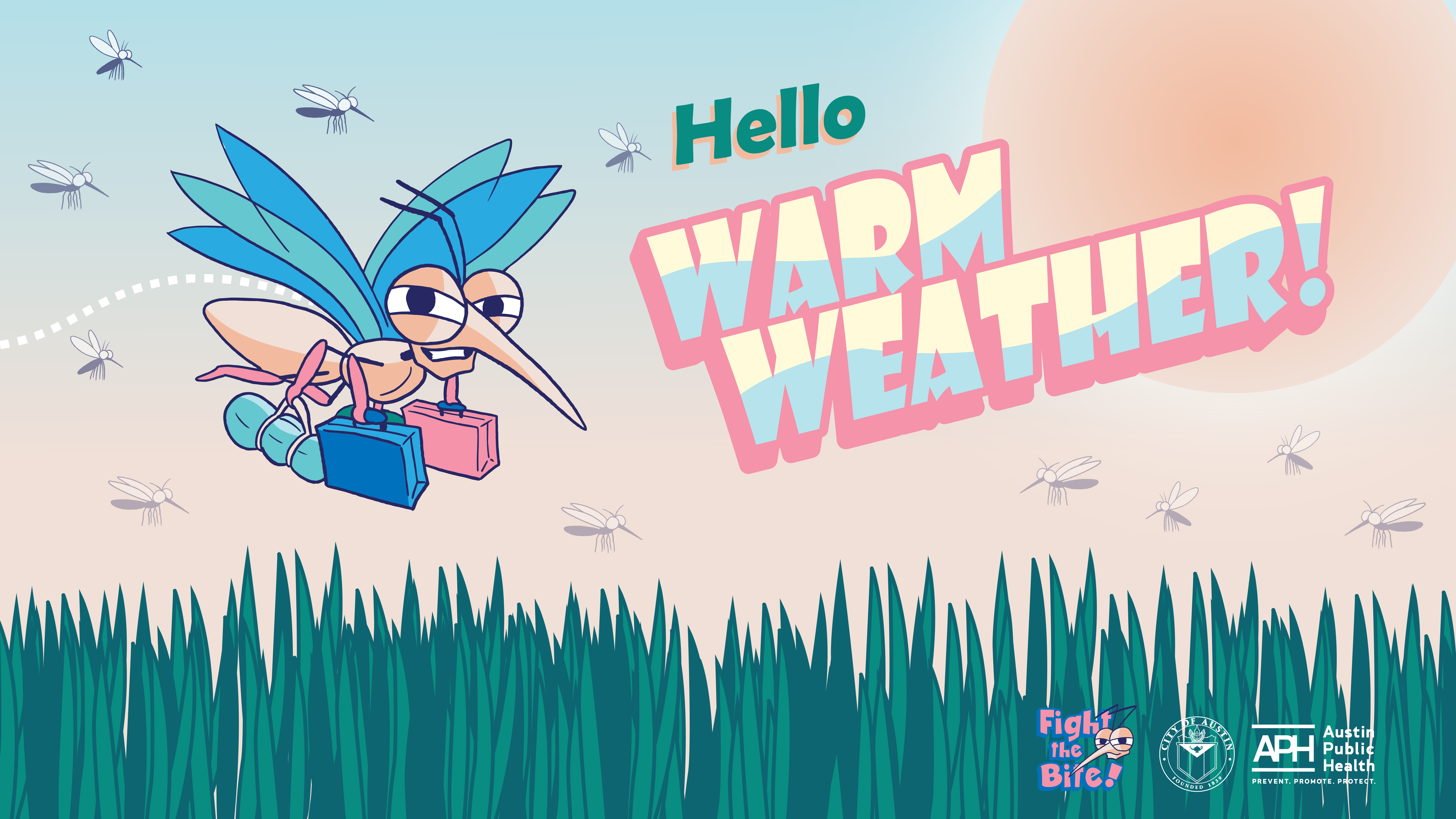An image of a mosquito with a suit case that reads Hello Warm Weather!