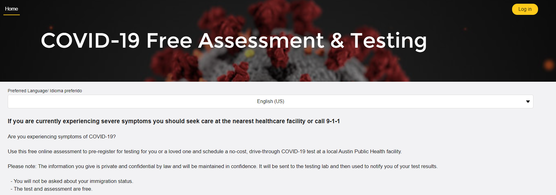 Screenshot of the Online Austin Public Testing Enrollment Form 