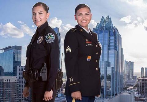 female officer in both police uniform and military uniform