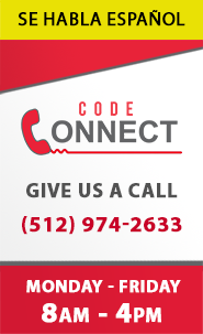 bright red, white, and yellow banner with the words "Code Connect. Give us a call (512) 974-2633. Monday - Friday 8am - 4pm. Se habla español."