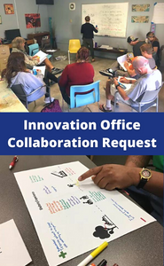 A dark blue button with white text saying "Innovation Office Collaboration Request" and photos of a group interacting in a room with a whiteboard and a hand pointing at paper with illustrations and text