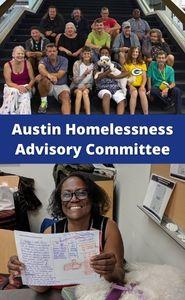 A dark blue button with white text saying "Austin Homelessness Advisory Committee" in the center and photos of individuals above and below the text