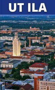 Dark blue button with white text UT ILA at top and photo of Austin city skyline centering on UT tower