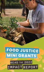 A person planting vegetables in a garden bed. Text reads, "Food Justice Mini Grants: Read the 2022 Impact Report".