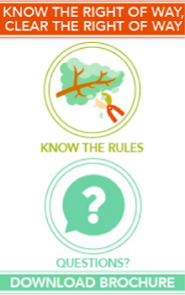 Graphic of a tree limp being pruned in a circle with a question mark in a green circle below it with text that says "Know the right of way, clear the right of way. Know the rules. Questions? Download brochure"