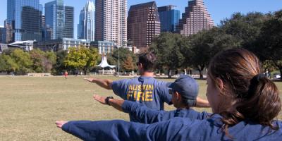 Firefighters doing yoga