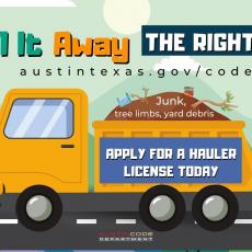 text of haul it way the right way with photo of dump truck with trash, debris, branches on a road. QR code on bottom right to download application