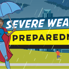 comic book style illustration with female superhero wearing t-shirt and blue jeans with a red cape and holding an umbrella in a rain storm. Text on image: Severe Weather Preparedness