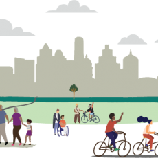 Illustration of people walking, biking, rolling