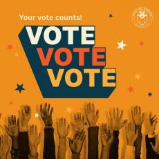 Graphic with raised hands and the words "Your Vote Counts! Vote, Vote, Vote"
