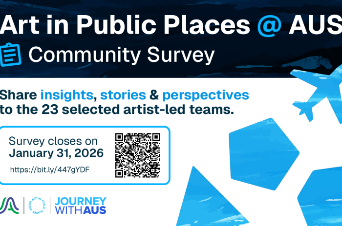 Graphic for Art in Public Places at AUS Community Survey with blue geometrical elements and a link and QR code to the survey