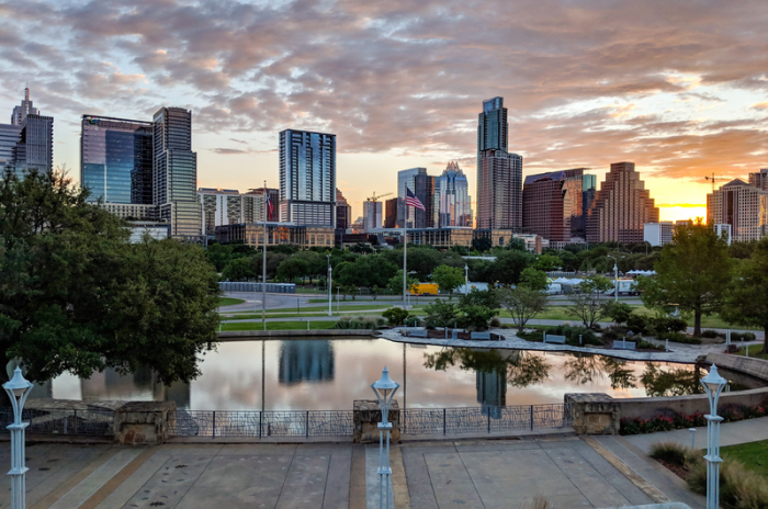 View of part of the Austin skyline at dusk.