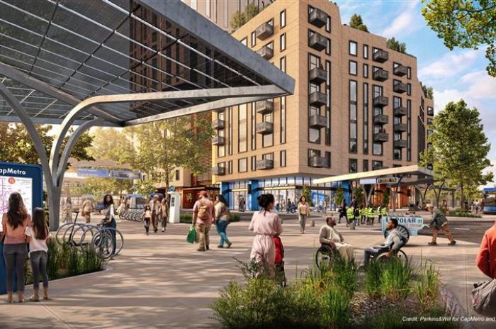 Artist's rendering of potential development at North Lamar Transit Center. In the foreground is a bus shelter along a sidewalk filled with pedestrians walking to and from a mixed-use building in the background.