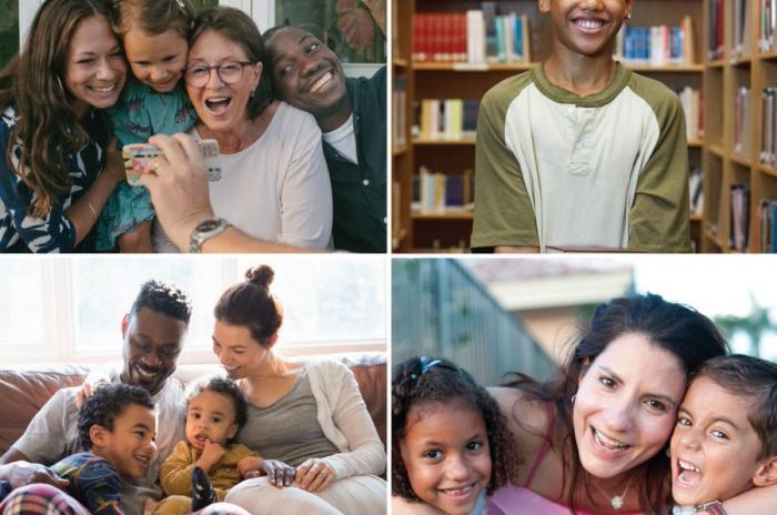 A collage of four photos showing people smiling together.
