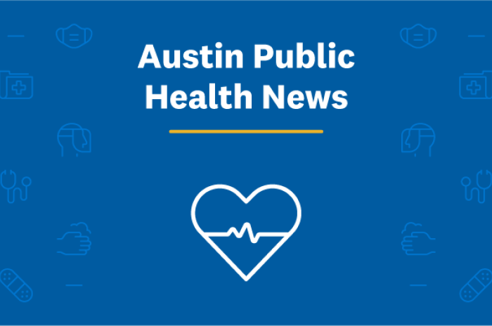 a blue background with white text that reads Austin Public Health News and a heart with pulse line