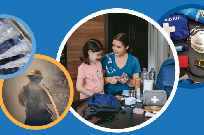 An image showing icicles, a firefighter, a mother and daughter building an emergency kit, and some emergency supplies.