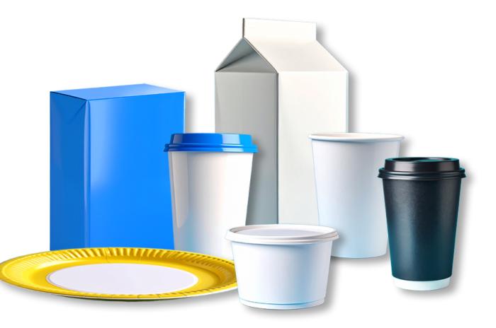 An assortment of food and beverage cartons and coated paper products