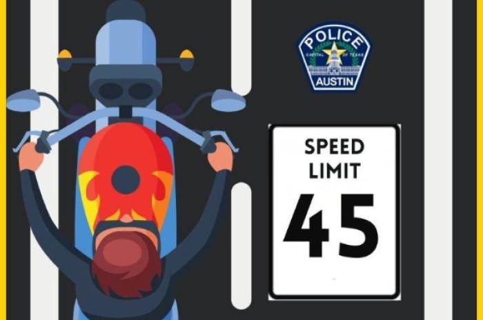 graphic of a motorcycle on the highway with the a 45mph speed limit sign and the APD logo