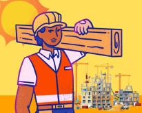 construction worker in an orange vest holding a large block of lumber over their right shoulder while standing near a construction site
