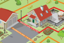 Illustration of a beige house with green front door and fenced back yard and beige garage with red roof 