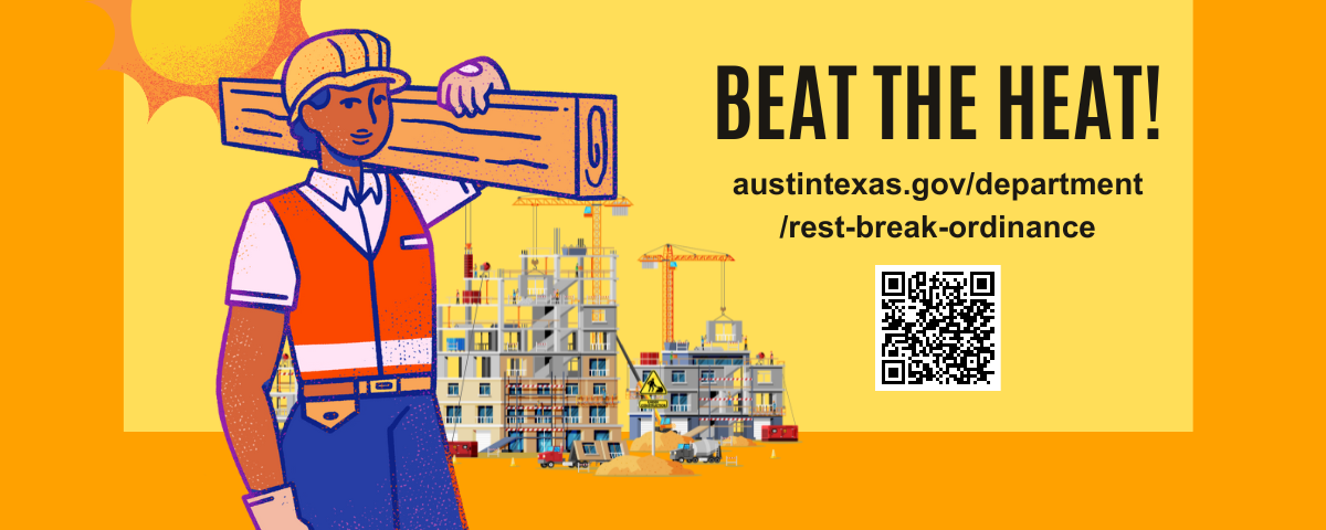 image of a construction worker at a site with sun shining. Text, Beat the Heat! and a qr code.